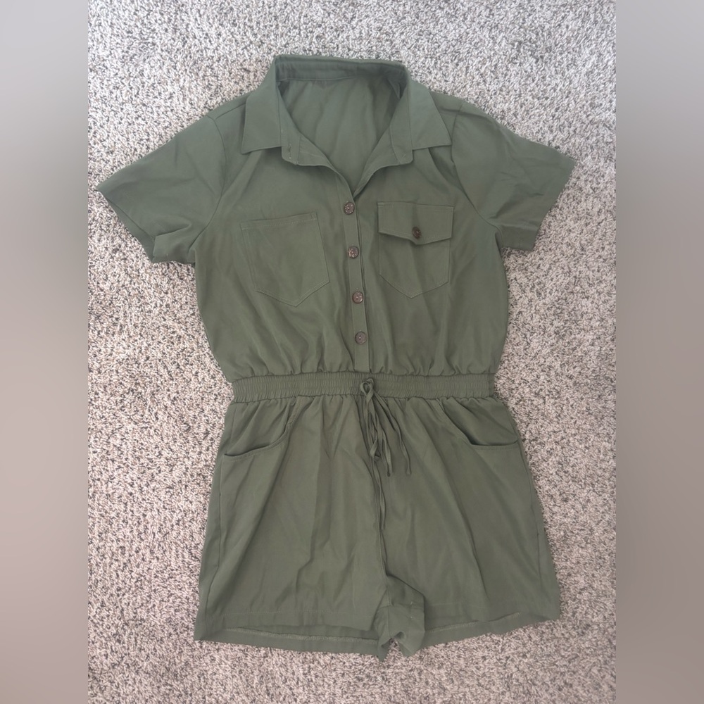 Army Green Button-Up Romper
